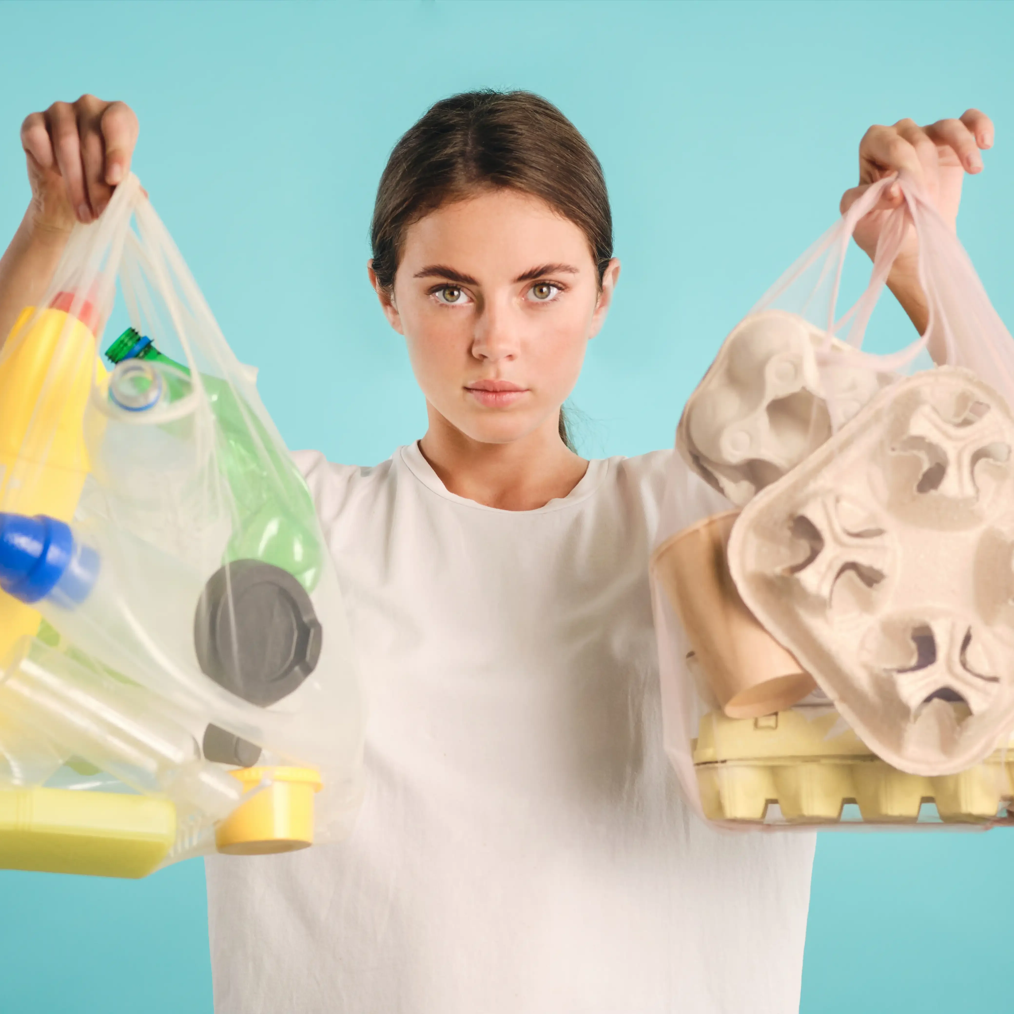 chica-segura-de-si-misma-sosteniendo-paquetes-con-basura-de-plastico-y-cartones-de-clasificacion-mirando-atentamente-en-la-camara-sobre-un-fondo-colorido-aislado